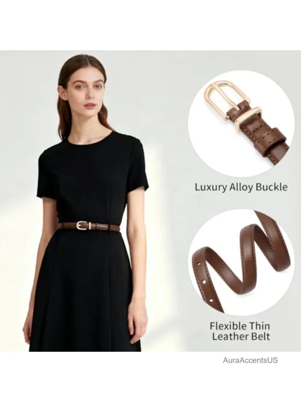 Women Genuine Leather Thin Belt with Gold Pin Buckle for Jeans & Dresses